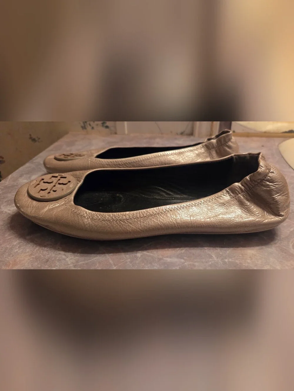 Tory Burch Metallic Gray Leather Ballet Flats